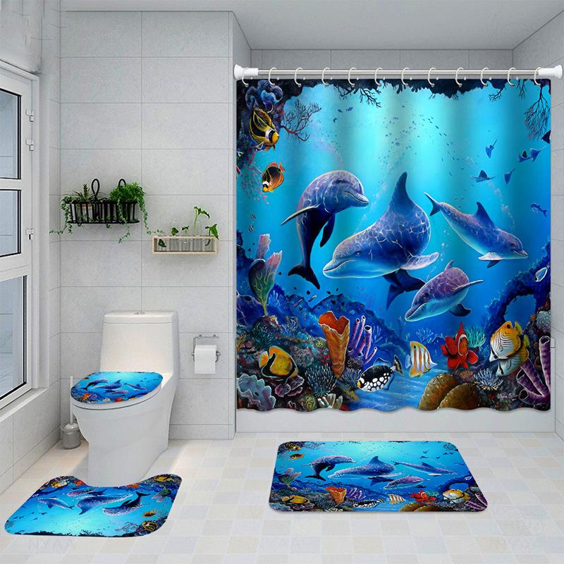Dolphin 3D Digital Printing Shower Curtain Shower Curtain Dolphin Non-Slip Mat Four-Piece Set