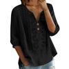 Damen V-Ausschnitt Dreiviertelarm Bestickte Knopfleistenbluse mit Blumenmuster Lockerer Schnitt Lässiges Oberteil