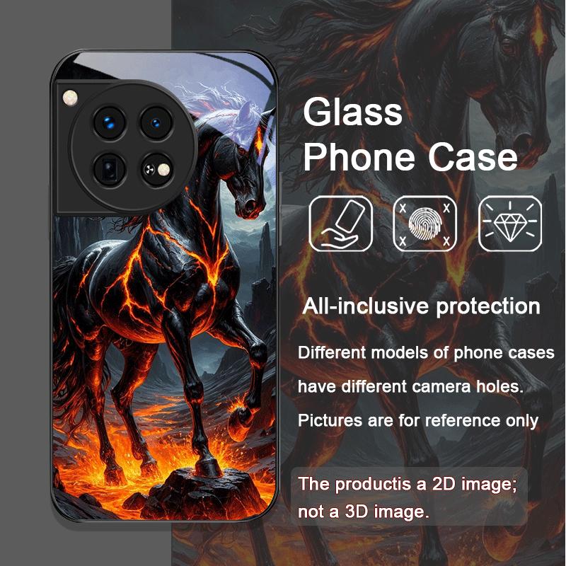 Creative Flame Black Horse Pattern Tempered Glass Phone Case for OnePlus 13R 12 11 10 Pro ACE2 ACE3 Nord CE4 CE3 CE2 Lite Cover