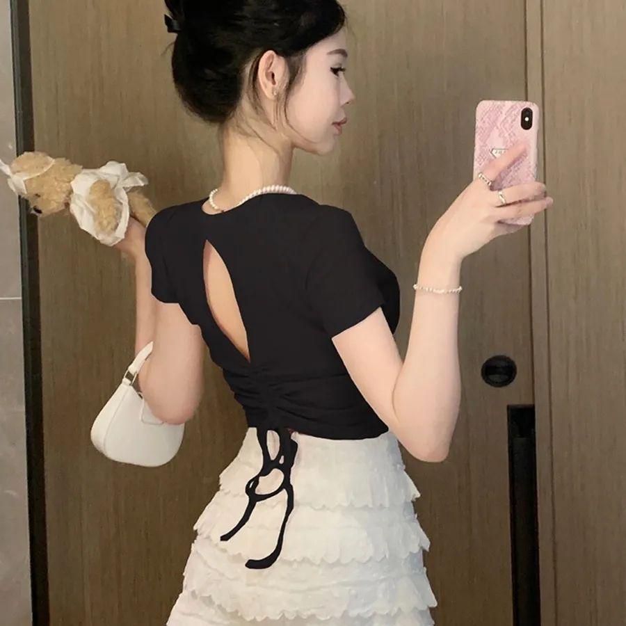 

Spicy Girl Drawstring Slim Fit Backless Short Sleeve T-Shirt - Women s Sexy Summer Top XL чёрный