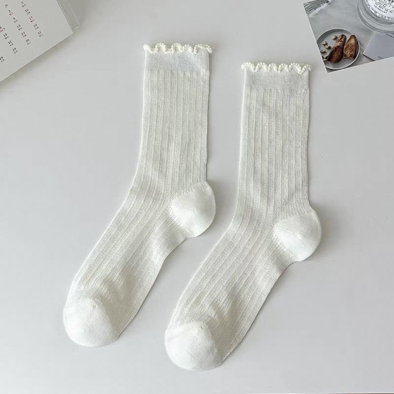 Ballet-style Grey Socks for Spring and Summer, Thin Mid-calf Length, with Netted Flower Trim and Mary Jane-style Long Socks for Women.
