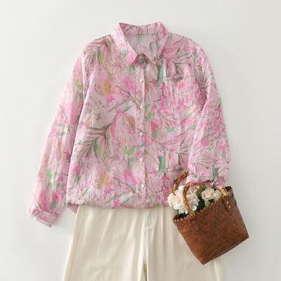 Nieuwe Bloemenprint Grote Maten Dames Tops Casual Losse Blouse met Lange Mouwen Katoenen T-shirts Herfst