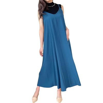 Von Vaag Women's Camisole Dress, A-Line, Flared, Long Length, Adjustable Shoulder Straps, Maternity Dress (02.L, Blue)