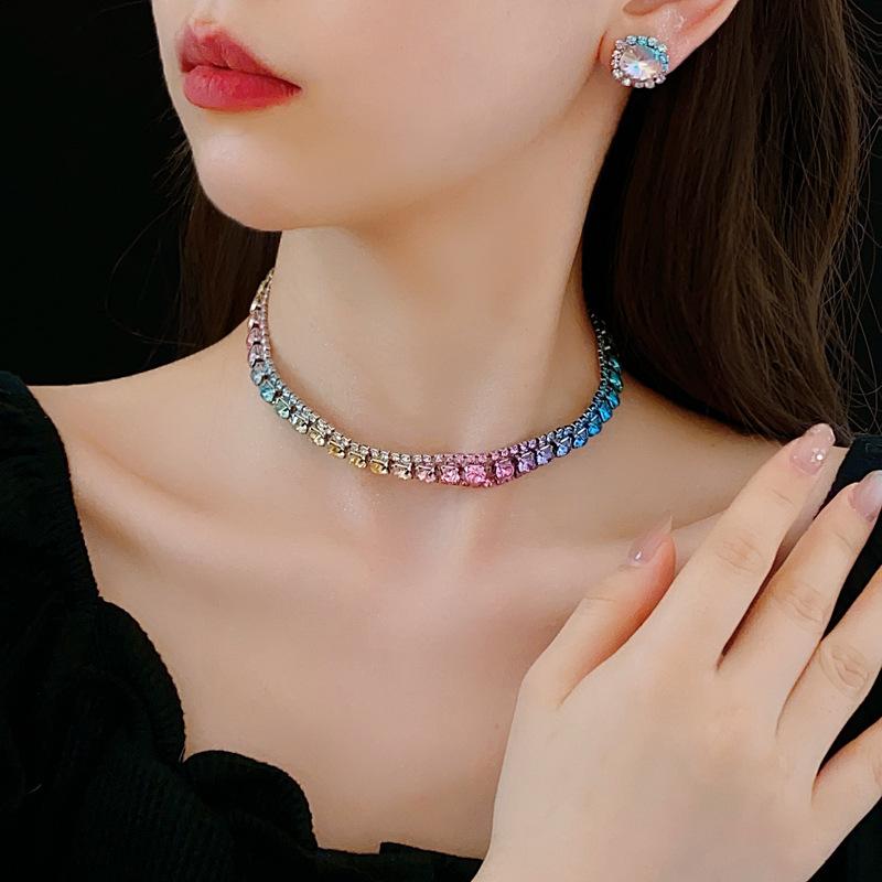 Luxury Multicolor  Choker Necklace Earrings Set For Women Women Shiny  Party Wedding Jewelry Set