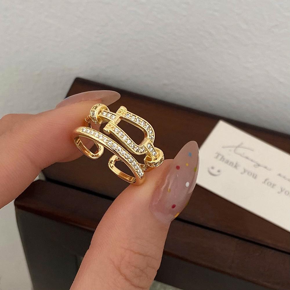Korean Style Double Layer Ring Women's Ins Trendy Internet Popular Fashion Design Rings Shiny Zircon Elegant Female Jewelry