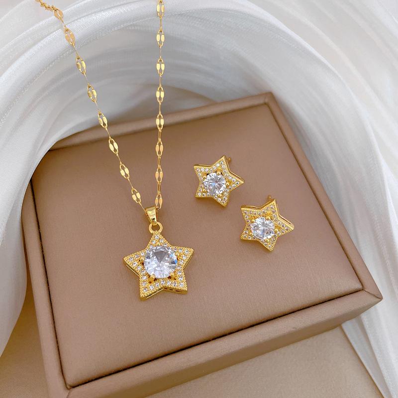 Pentagram Zircon Necklace Earrings Ring Set Light Luxury Personality Temperament Earrings Necklace Combination