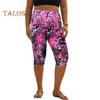 Women Cropped Pants Elastic High Waist Digital Flower Print Mid-calf Length Pants Tight Fit Cropped Trousers