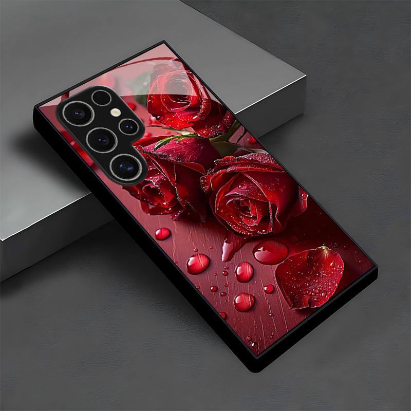 Water droplet rose pattern glass phone case suitable for Samsung Galaxy S26 S25 S24 S22 S21 S20 FE/Ultra/Plus hard case