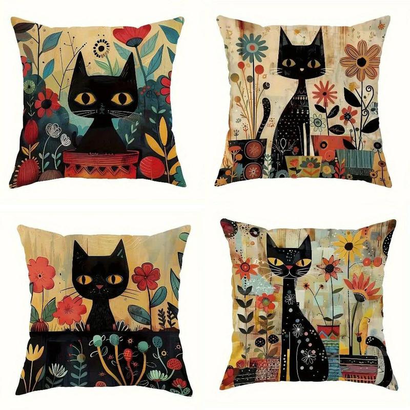 Heimdekoration Schwarze Katzen und Bunte Blumen Kissenbezug Muster Kissenbezug Geeignet für Sofa Schlafzimmer Auto Kissenbezug