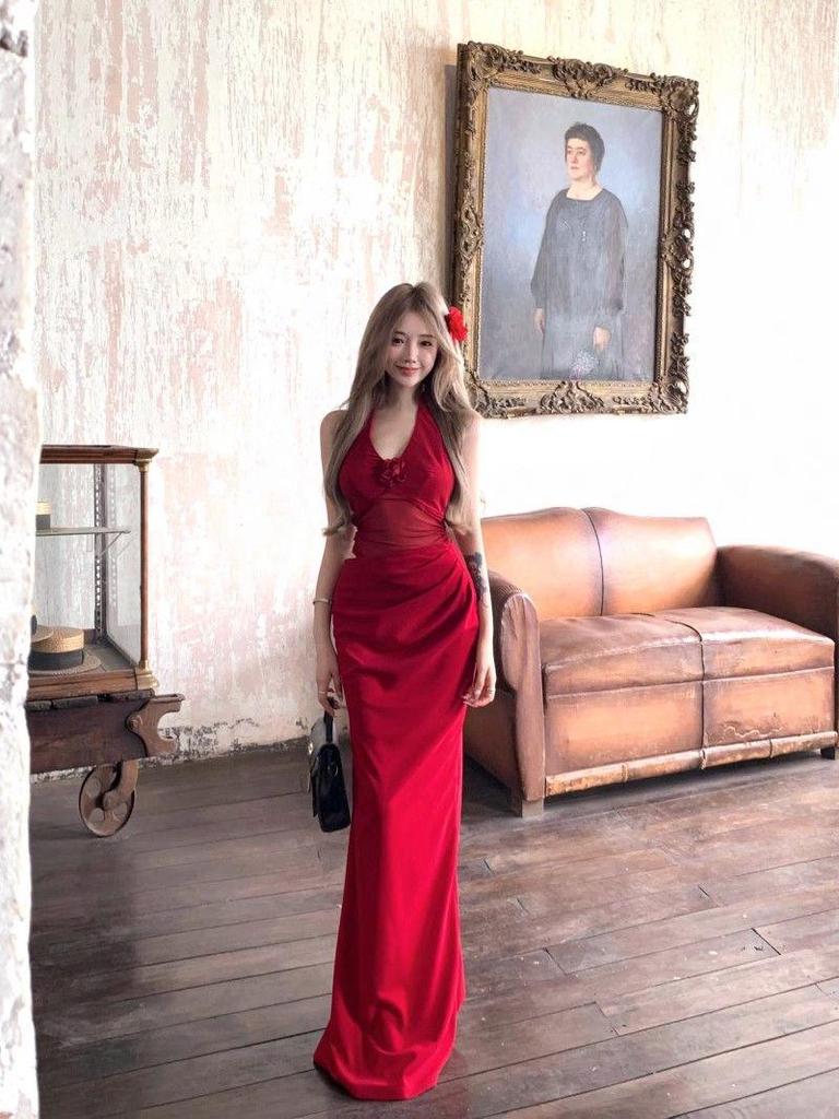 Maxi Abito da Donna Rosso Floreale con Schiena Scoperta e Scollo all'Americana – Elegante per l'Estate, Formale, Vestibilità aderente, che abbraccia i fianchi