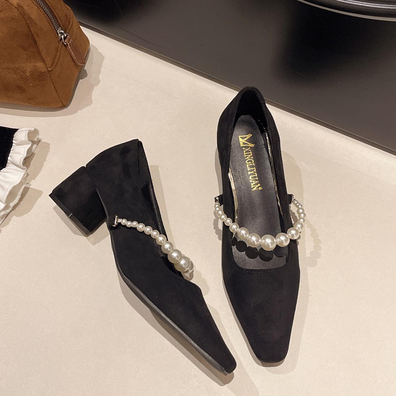 

туфли на толстом каблуке с квадратным носком и стразами, женские туфли, новые весенне-осенние туфли на высоком каблуке, туфли с характером 42