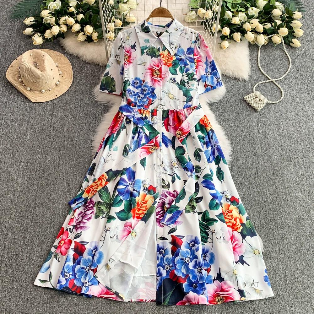 Summer Women Designer Print Runway Dress Elegant Turn-down Collar Office Work Midi Lace-up Shirt Dresses
