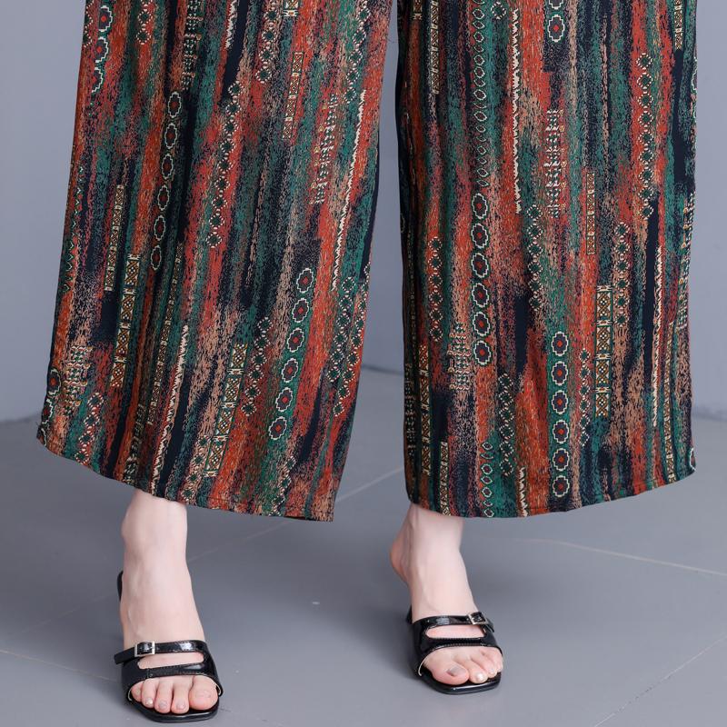 Women's Plus Size Cotton Silk Printed Wide Leg Pants, Elastic Waist Casual Summer Trousers (XL-5XL)