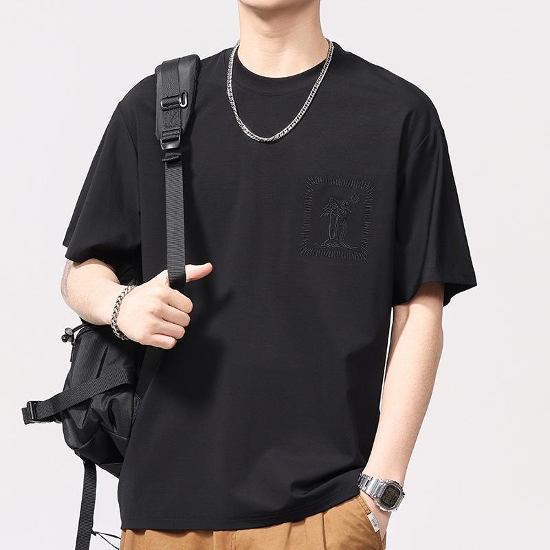 Summer Thin Mulberry Silk Cool Embroidered Short-sleeved T-shirt for Men's Round Neck T-shirt Short-sleeved