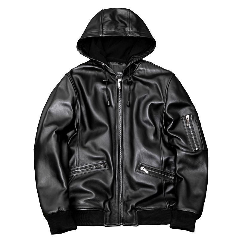 New Genuine Sheepskin Leather Jacket Men Slim Fit Hooded Casual Single Coat