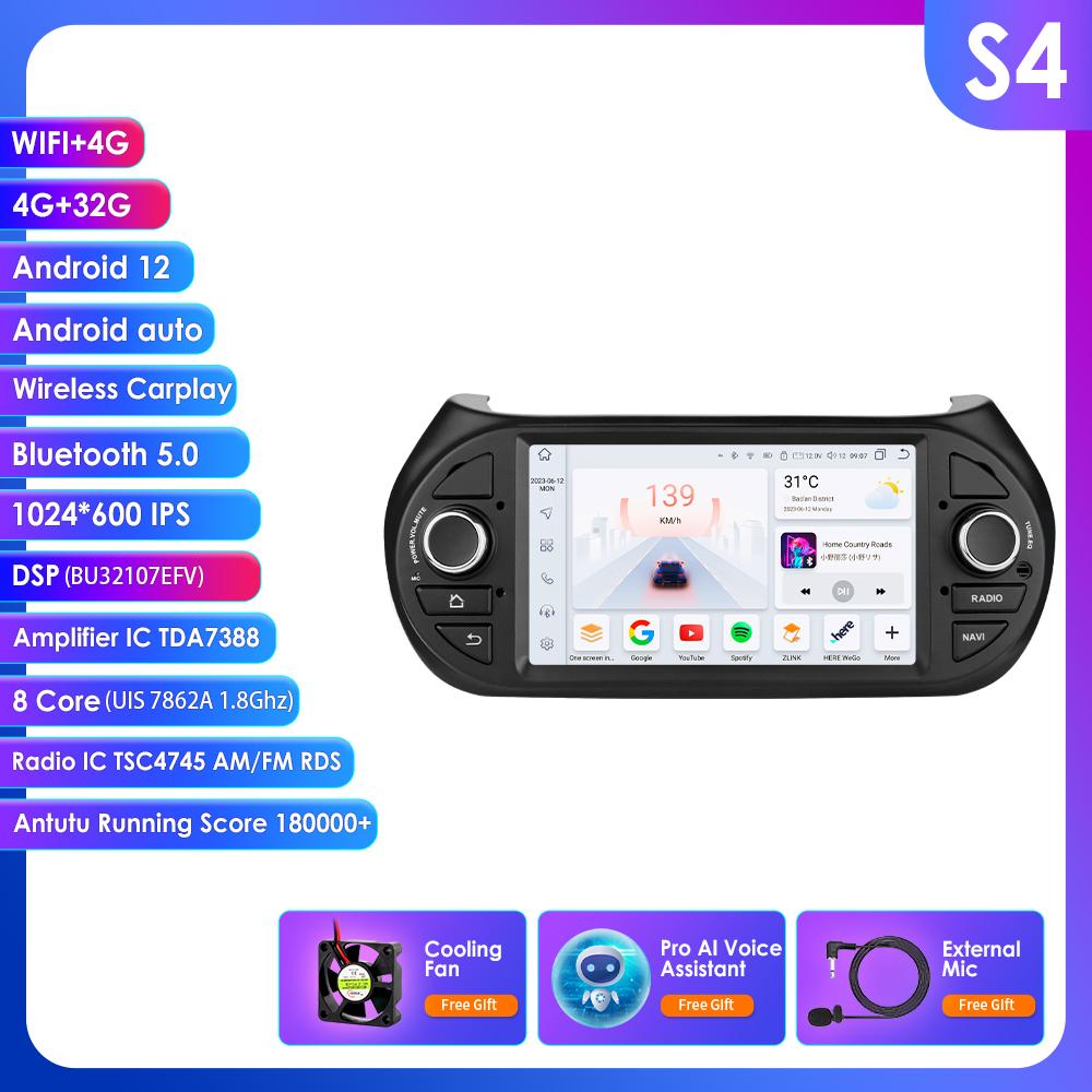 OSSURET Intelligent Carplay 4G RDS 7'' 7862 AI 2din Android 13 Car Radio for Fiat Fiorino /Citroen Nemo / Peugeot Bipper GPS Multimedia Video Player
