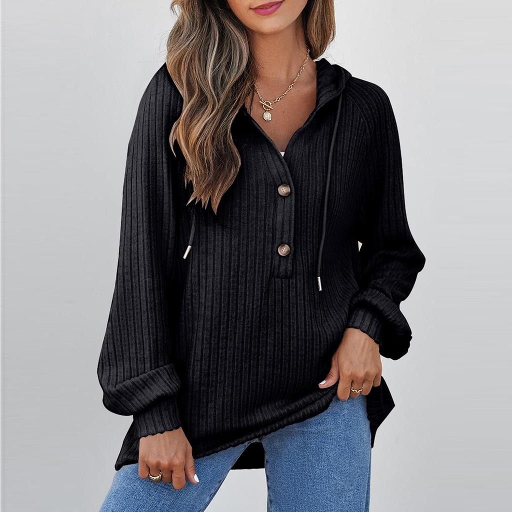 Women's Fashion Long-Sleeved Drawstring Button-Up V-Neck Casual Solid-Colour Sweatshirt Top