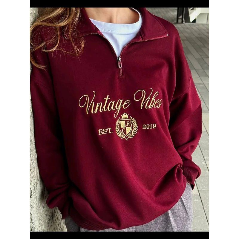 

Printed Half Zipper Top Western Style Fashion Print Letter Loose Casual Half Zipper Hoodie Wine Red (thin) thin M