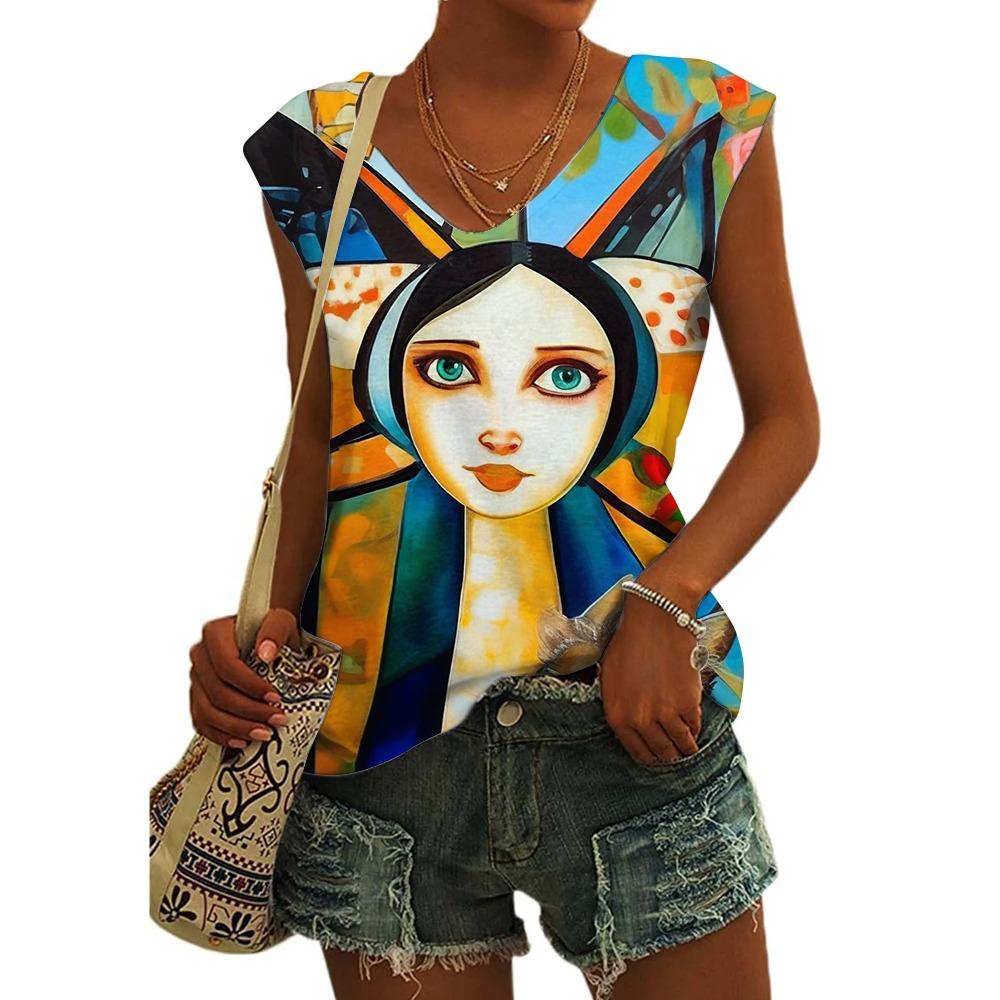 Women's Sleeveless T-shirts 3d Abstract Cat Print Vest Loose V-Neck T-shirts & Blouse Summer Breathable Basic Tops Tees