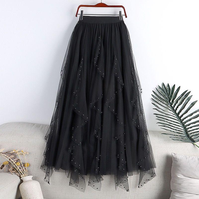 Chamliforve Women Tulle Mesh Skirt Elegant Elastic Waist Fairy Long A-line Tutu Skirt for Spring Summer High Waist Long Skirt
