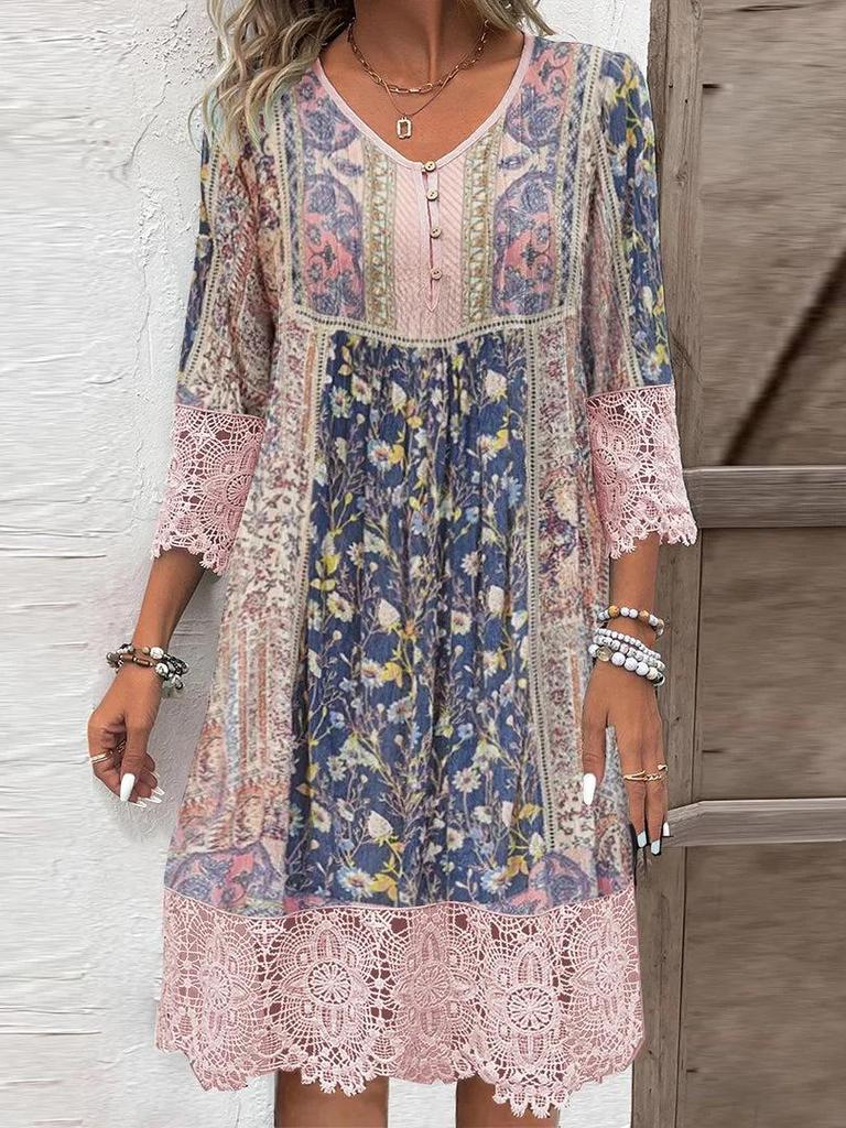 Retro Printed Lace Dress - European & American Women's Spring/Summer 2024 Collection