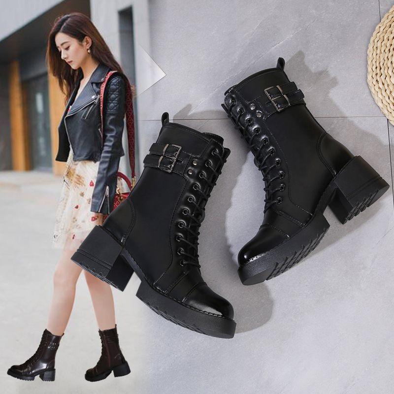 2025 New Models, Absolutely Pure, Thick-soled Martin Boots for Women, British Style Autumn Velvet Knight Boots, Single Boots, Straps, Short Boots 