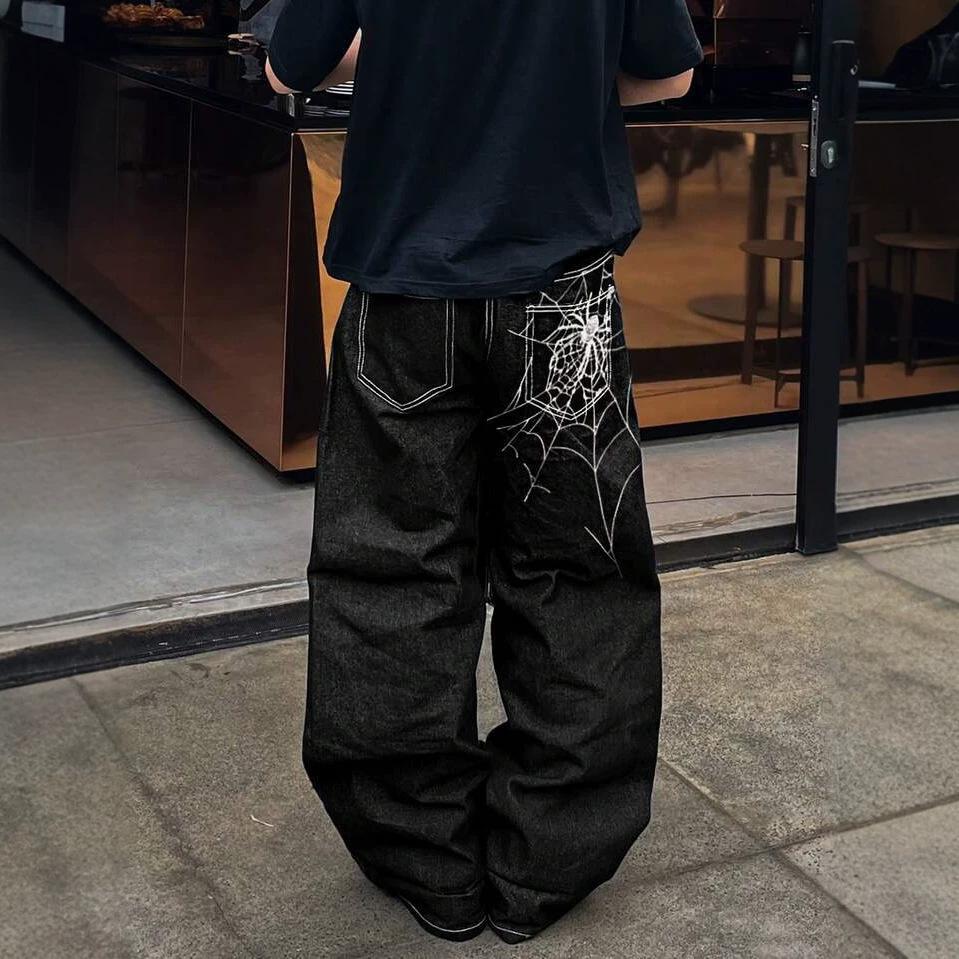 Trendy Brand Spider Web Embroidery Loose Straight Jeans Men's Personality Street Jeans Cotton