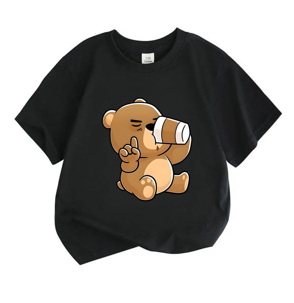 Cute Cartoon Bear Telescope Print Kids 100% Cotton T-shirt, Unisex Boys Girls Crew Neck Short Sleeve Casual Soft Breathable Tee Tops for Daily Summer