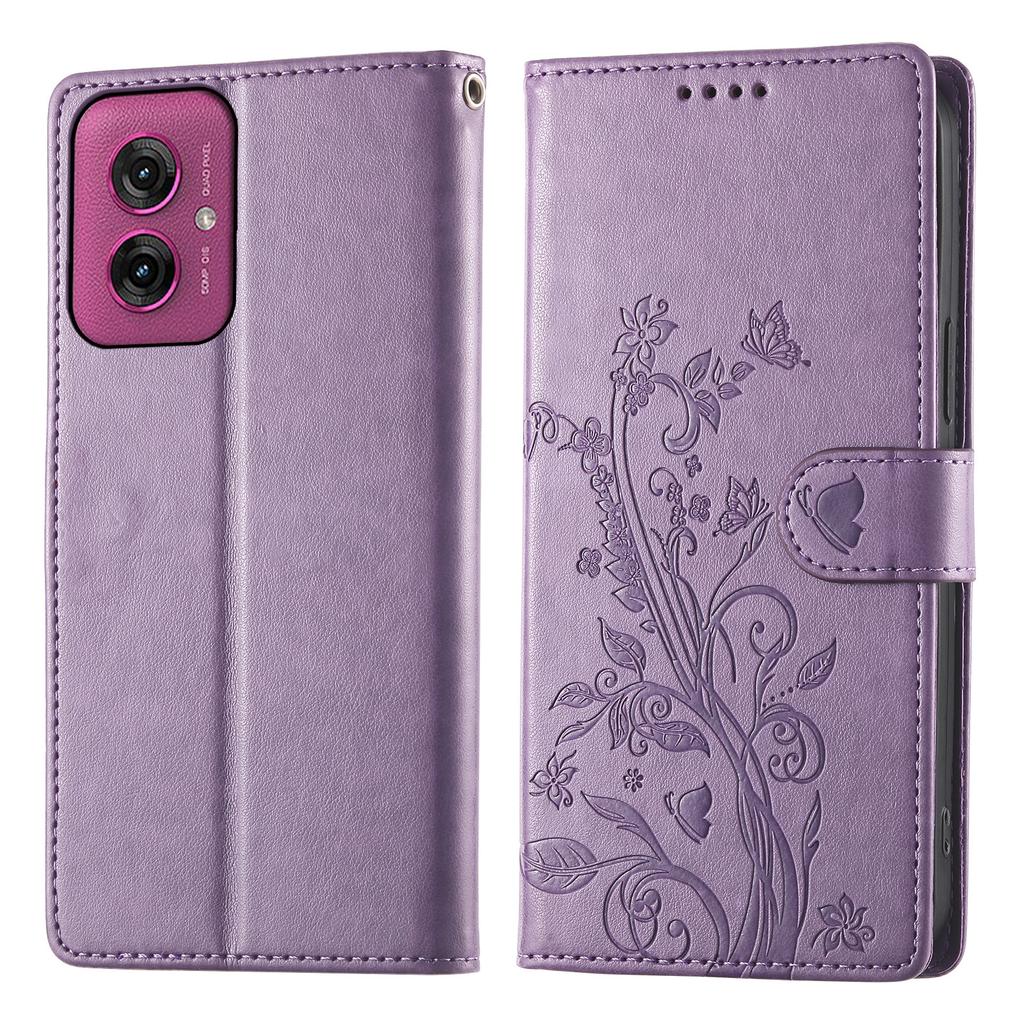 For Motorola Moto G55 5G Wallet Case Butterfly Floral Imprint PU Leather Phone Cover with Wrist Strap
