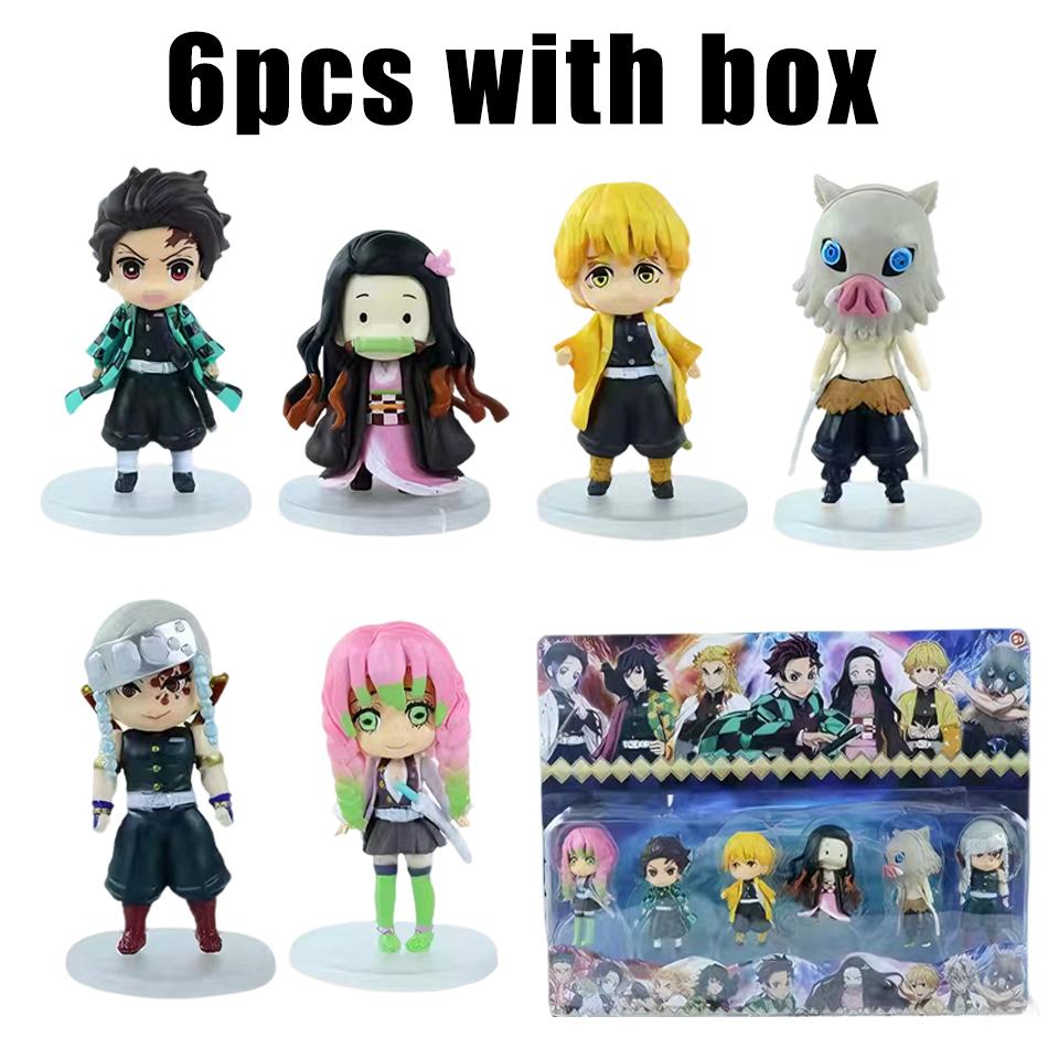 6pcs/set Q Version Demon Slayer Action Figure, Sitting Ghost Doll, Tanjiro, Nidouzi, Inosuke, Zenizu Movie Model Toys, gift box