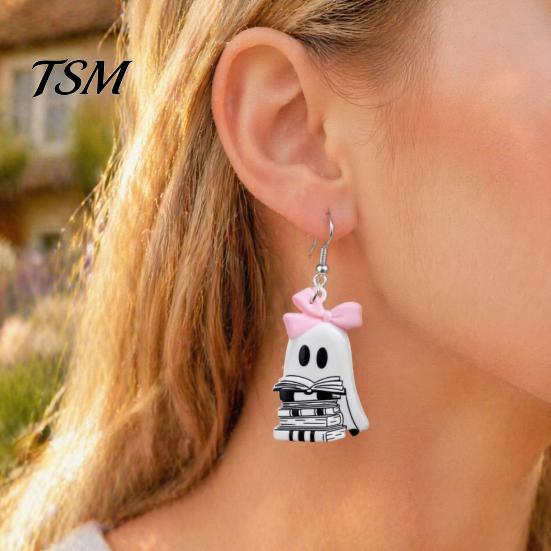 Hypoallergenic Alloy Hooks Cute Reading Ghost Earrings, Sweet Bowknot Drop Whimsical Earrings Lightweight Acrylic Halloween Jewelry for Women Girls