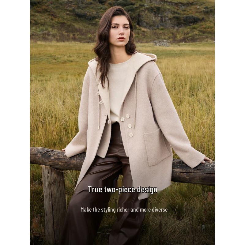 ELLE Women's French Merino Wool Hooded Mid-Length Coat