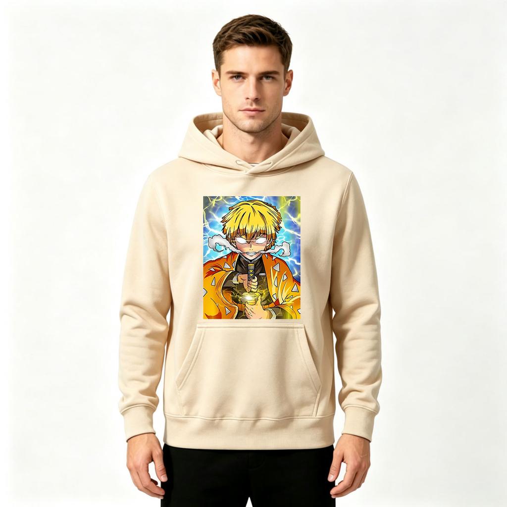 Men Anime Print Pullover Hoodie, Casual Yellow Hair Character Lightning Pattern Long Sleeve Hooded Sweatshirt