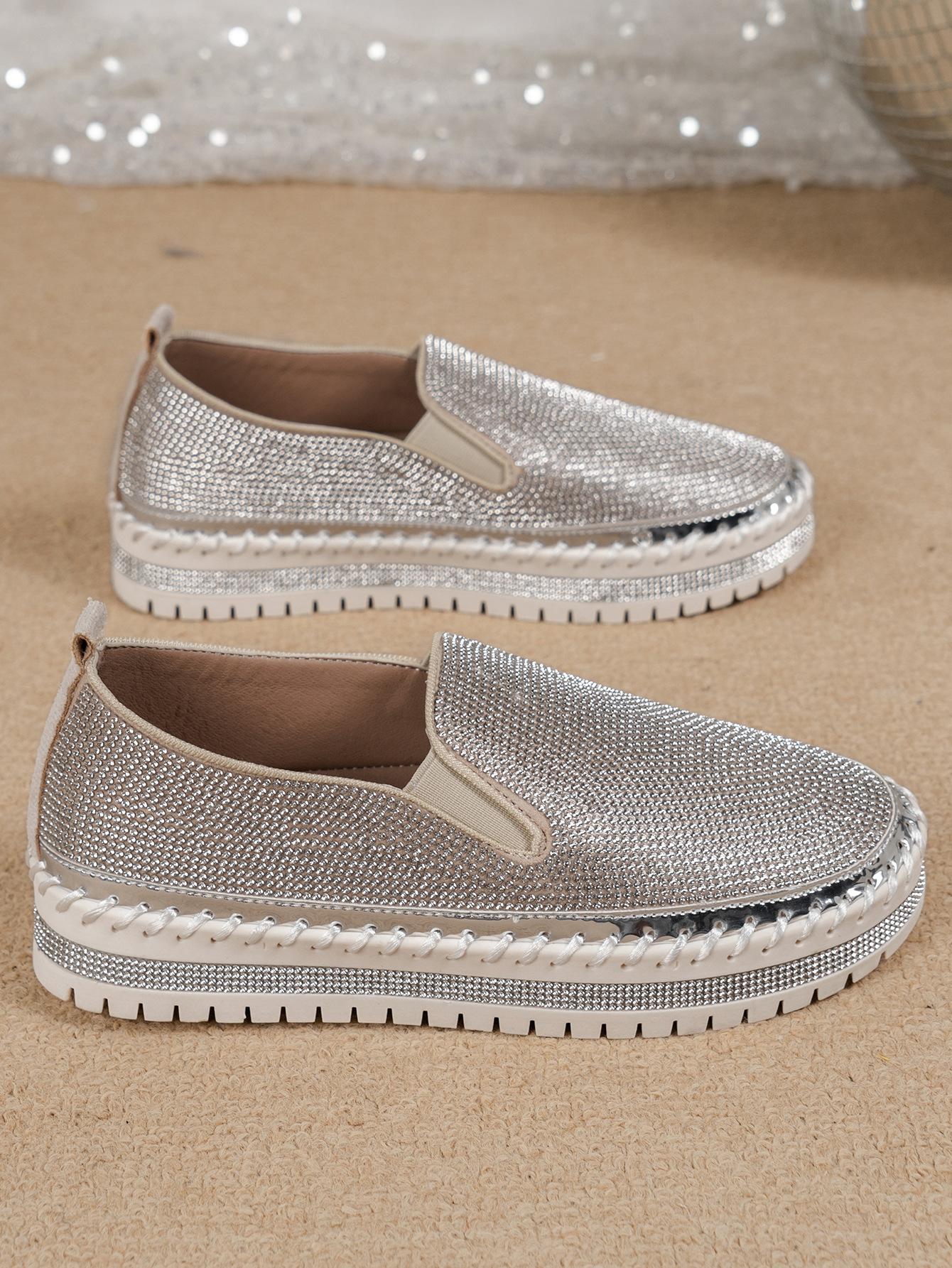 

2025 весна та осінь нові лофери зовнішньої торгівлі на товстій підошві, ледачі однопедальні туфлі зі стразами, жіночі туфлі на плоскій підошві 40 срібний