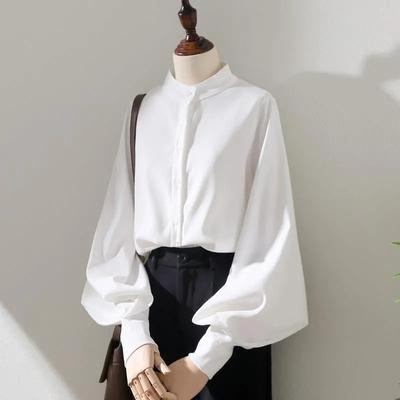 Donna Primavera Maniche Lunghe a Lanterna Collo Alto Camicette Lady Autunno Colore Unico Camicie Larghe