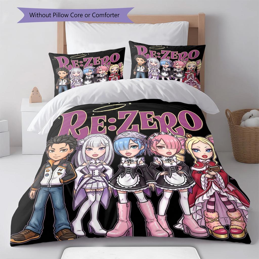 Re Zero Pattern Bedding Quilt Set Quilt Cover Pillowcase Home Birthday Gift(1 * Duvet Cover + 2 * Pillowcase, Without Core)