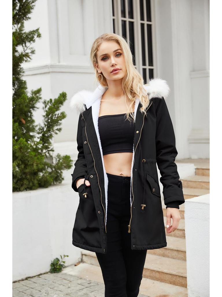 2023 Women's Detachable Fur Collar Parka: Long Sleeve Hooded Cotton Coat with Fleece Lining for Autumn/Winter