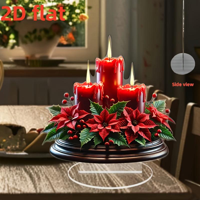 2D Flat Red Candle and Plant Bouquet Acrylic Desk Decor, Candles and Flowers, Suitable for wall decoration, porch, room, villa, accents Home, Hallway,