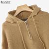 ZANZEA Autumn Women Long Sleeve Zip-up Rib Knitted Irregular Hooded Sweaters