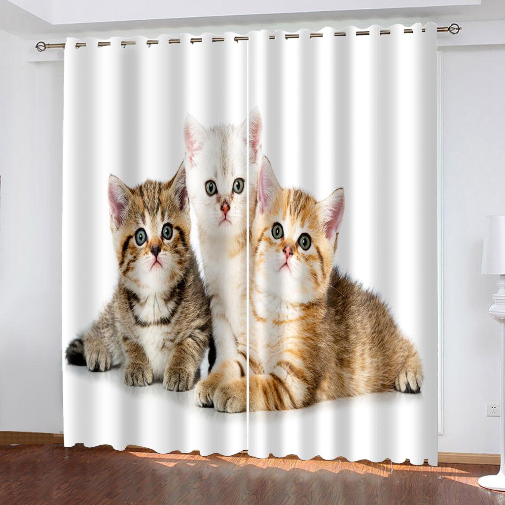 3D Cheap Cartoon Cat Cute Funny Design Shade Thin 2 Piece Window Curtain for Children's Kid Bedroom Living Room Decor on Sale
