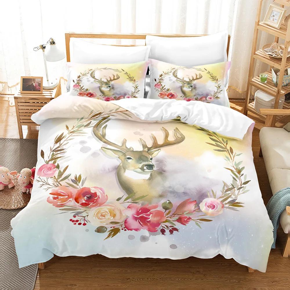 Deer Duvet Cover Set Wild Forest Animal Bedding Set Natural Bedclothes Kids Teens Double Queen King Size Polyester Quilt Cover