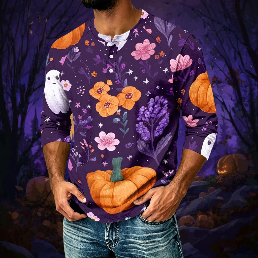 Men's Casual Halloween Print Raglan Three-Quarter Sleeve Shirt