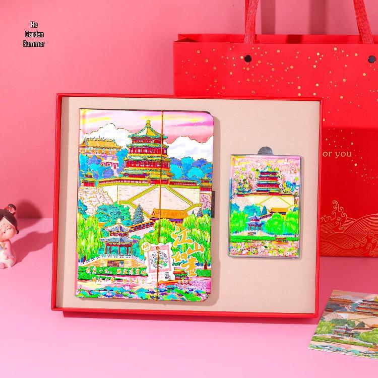 Forbidden City & Summer Palace Journal Set with Temple of Heaven Sand Magnets - Chinese Souvenir Gift Red Sea Wave Gift Box