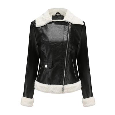 Naiste kunstnahast jope Fliisvoodriga soojad pikad varrukad Slim Fit lühike mantel Stiilne kärbitud revääriga krae tõmblukk Bomber vabaaja mustad ülerõivad