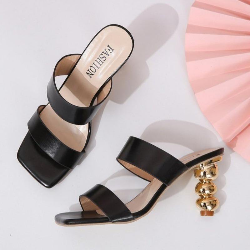 Special Heel Slippers Women's Outside Wear Summer Square Toe Open Toe One Strap Non-slip High Heels