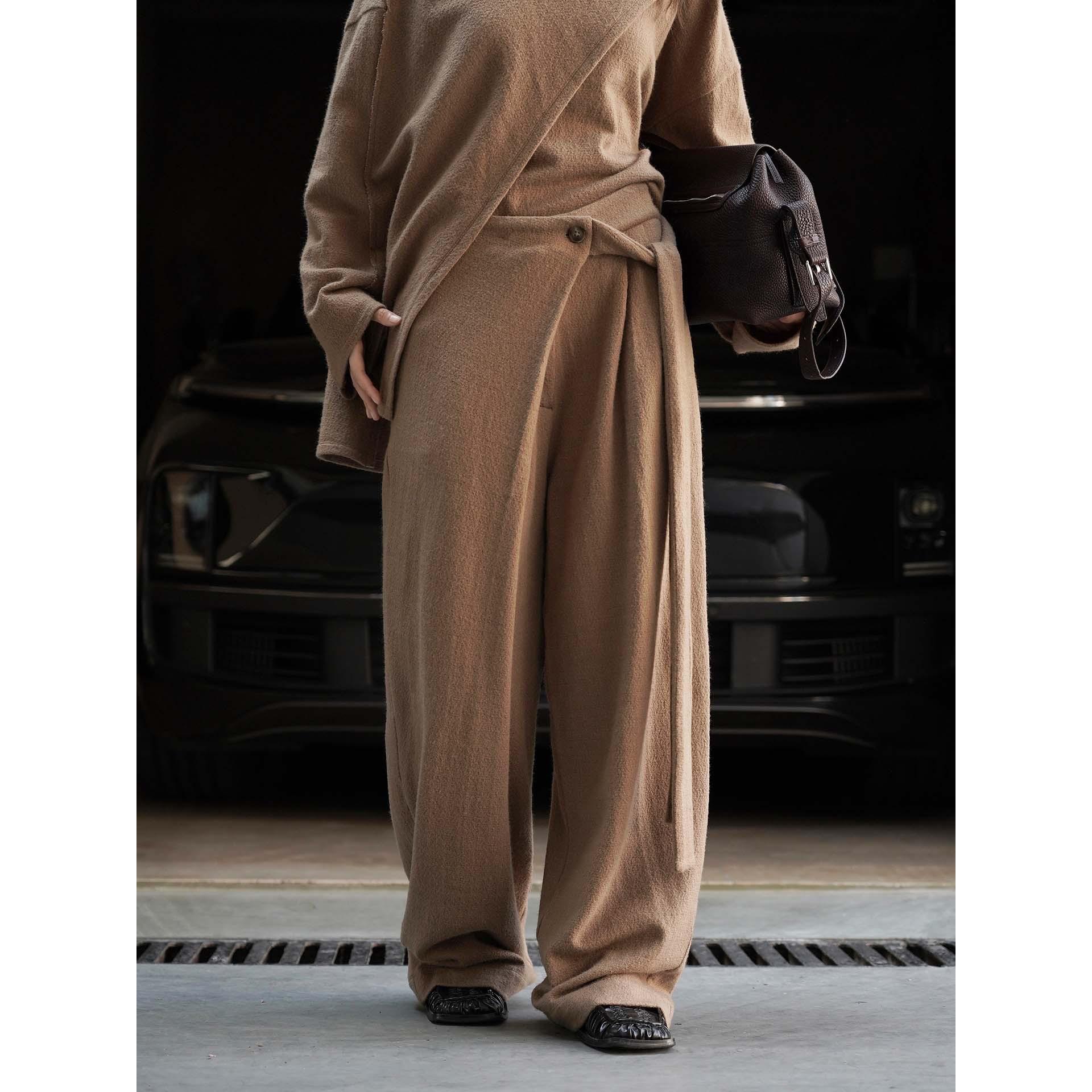 

Johnature French-style Fashion Lace-up Wide-leg Pants Autumn Winter Casual Long Loose Lace-up Women Trousers L хаки