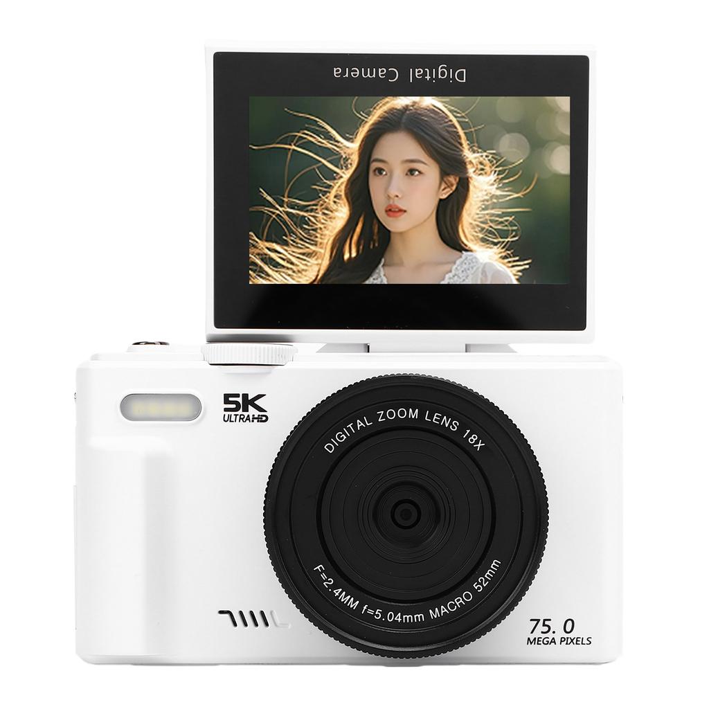 5K 75MP Digital Camera UHD AF Autofocus 18X Zoom WiFi Camera Webcam with 3 Inch 180 degrees  Flip Screen Flash for