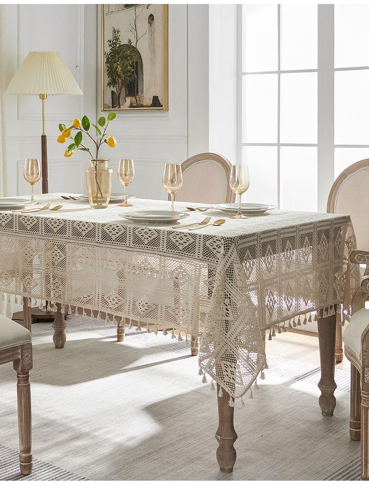 Retro Crochet Desktop Set, Countryside Style Hollow Tassel Tablecloth, Beige Fresh Square Tablecloth, Desktop, Wedding, Long Table, Dressing Table