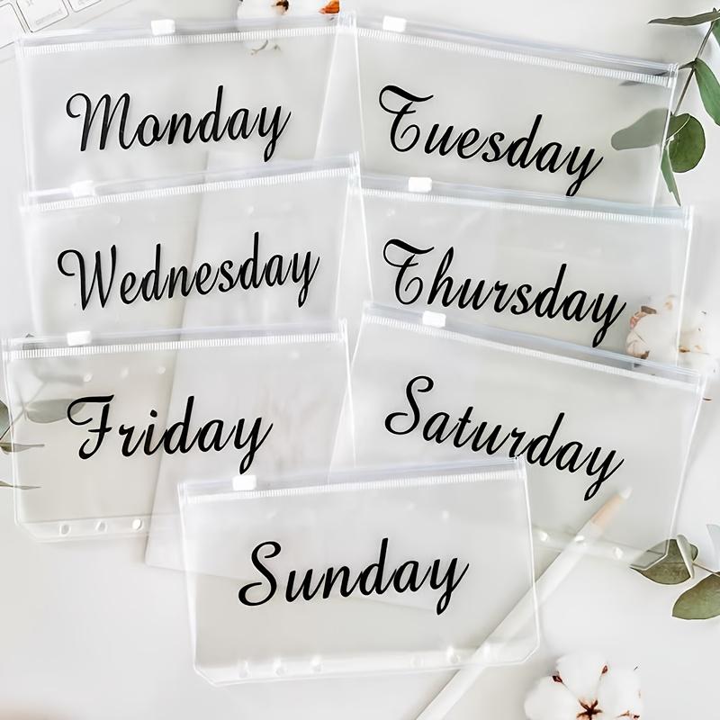 WTEMPO 7PCS A6 PVC Zipper Clear Envelope Bags Reusable Gift Bags Storage Pouches File Holders for Office Home Store Use Monday To Sunday Printed