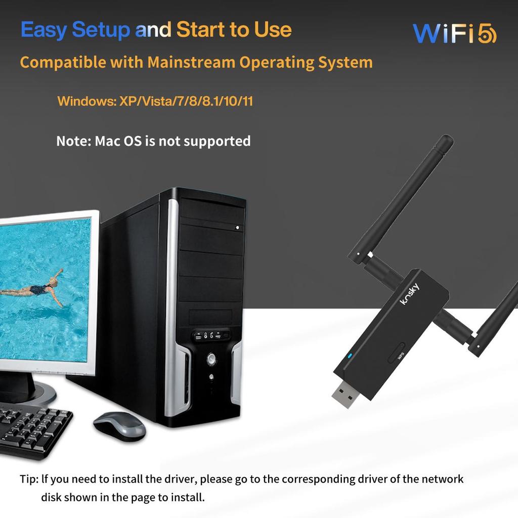 Kosky 1200Mbps Wifi Adapter WiFi 5 Daul-band 802.11ac USB2.0 Boost Your Internet Speed with 1200Mbps Wireless USB Wifi Adapter